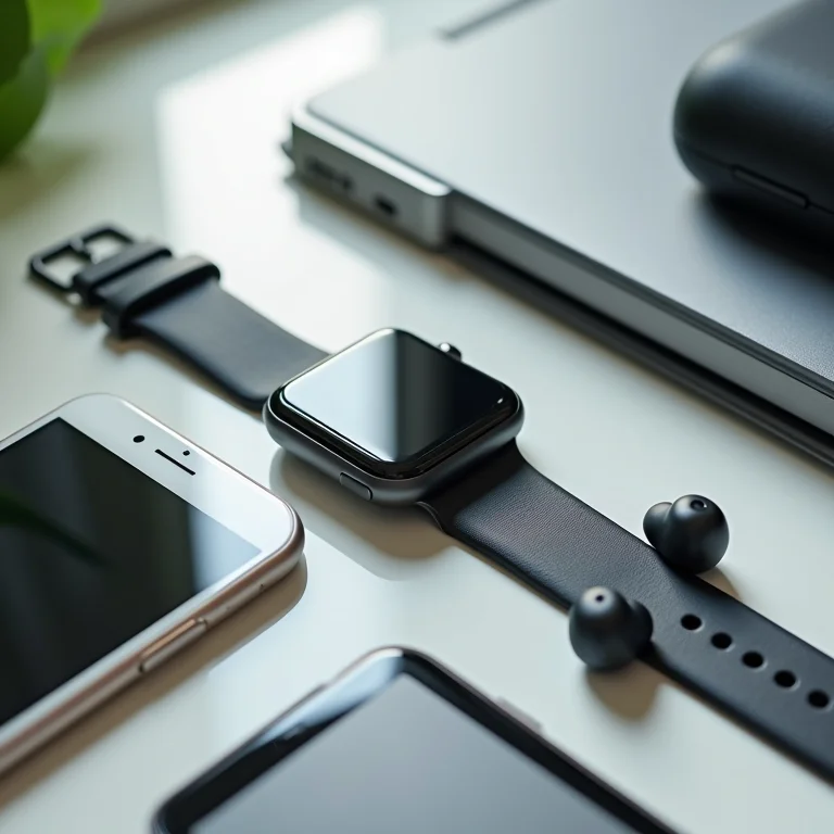 Composição flat lay com smartwatch, smartphone e fones de ouvido