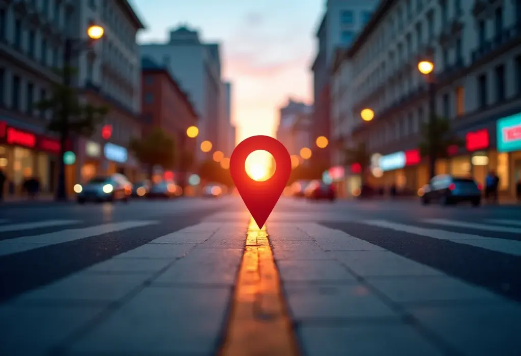 Conceito de geolocalização em marketing com pin de localização sobre mapa urbano.