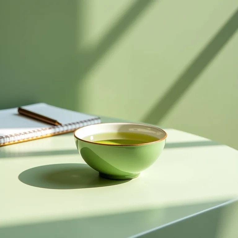 Conjunto de chá verde com notebook e caneta em mesa minimalista.