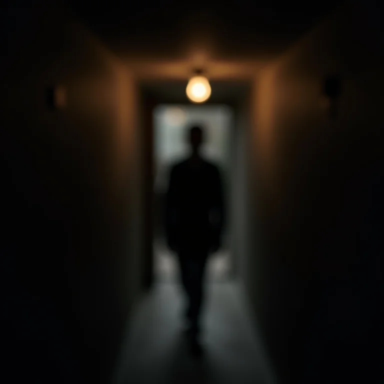 Corredor escuro com figura sombria.