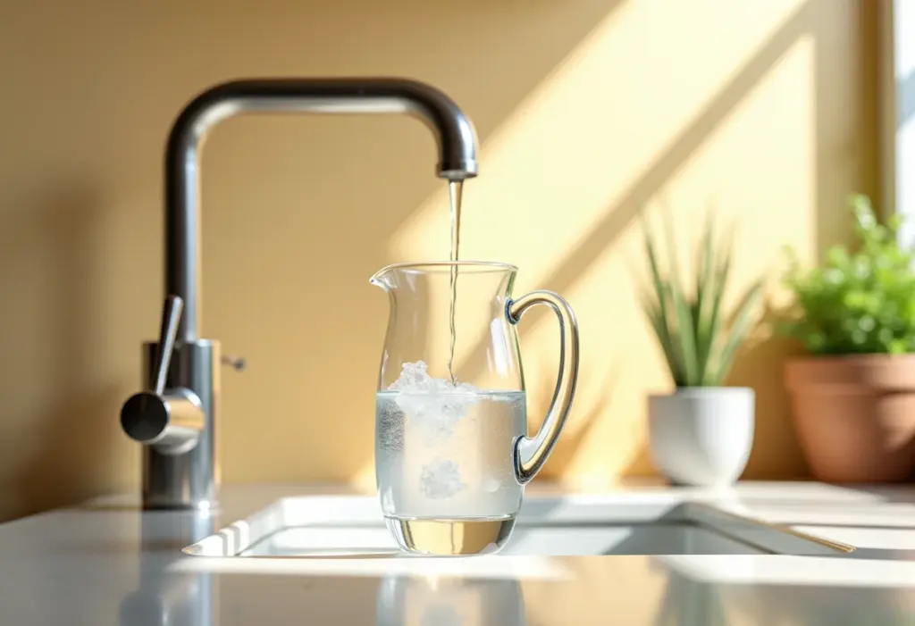 Cozinha iluminada com água filtrada da torneira