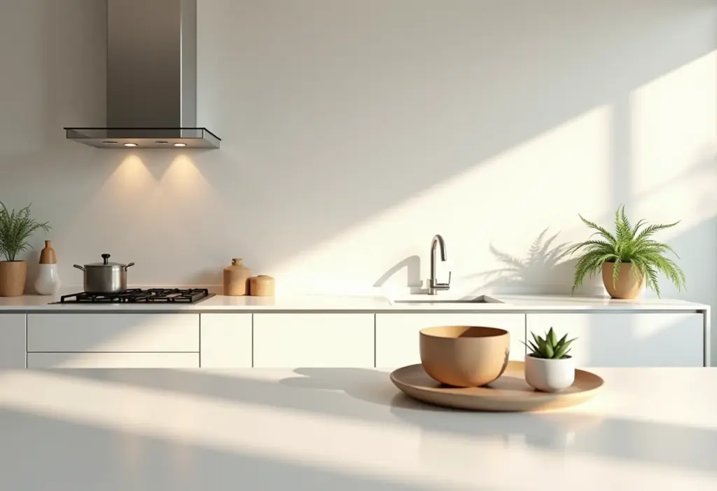 Cozinha linear organizada com decoração minimalista