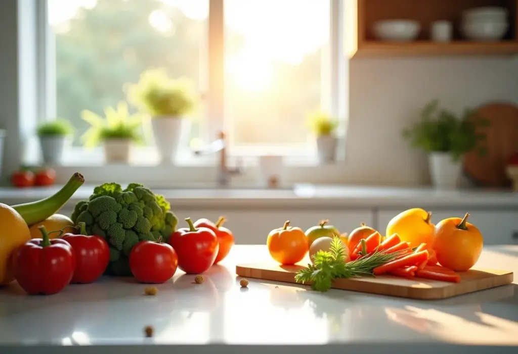 Cozinha moderna com ingredientes coloridos e luz natural