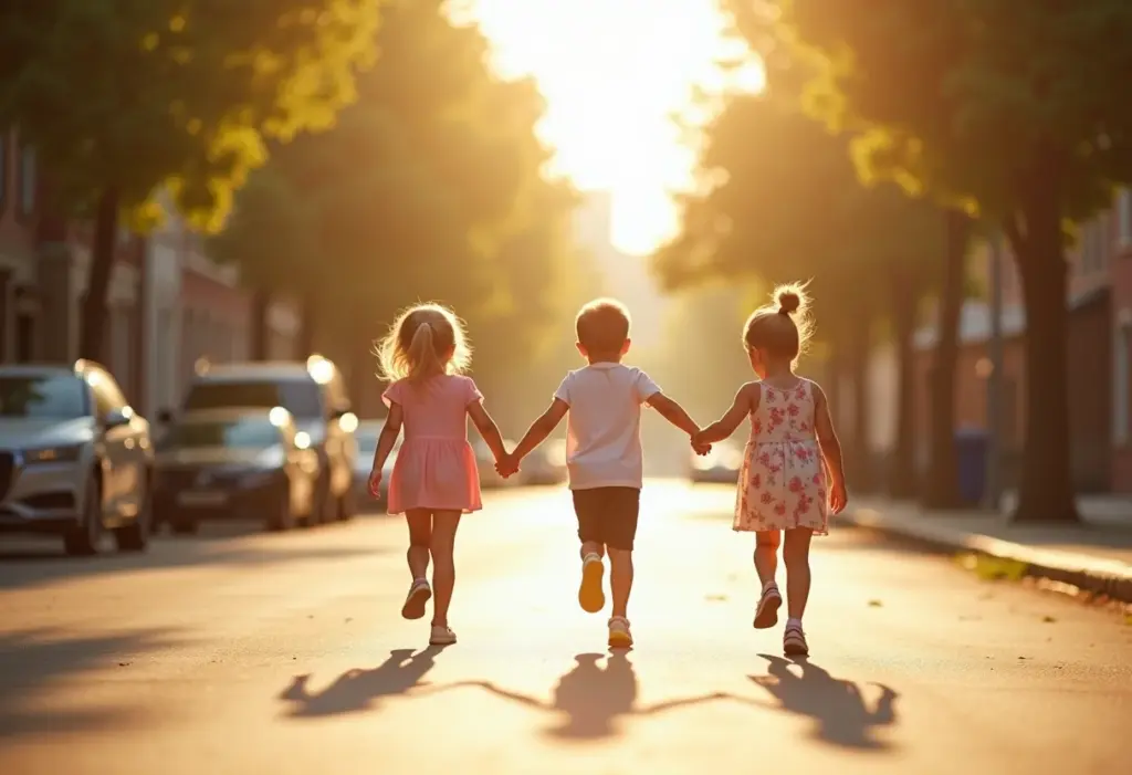 Crianças brincando de amarelinha em rua ensolarada.