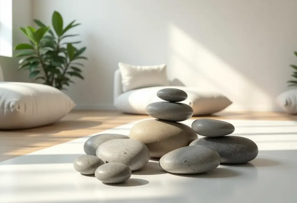 Decoração elegante com pedras de rio em sala de estar.