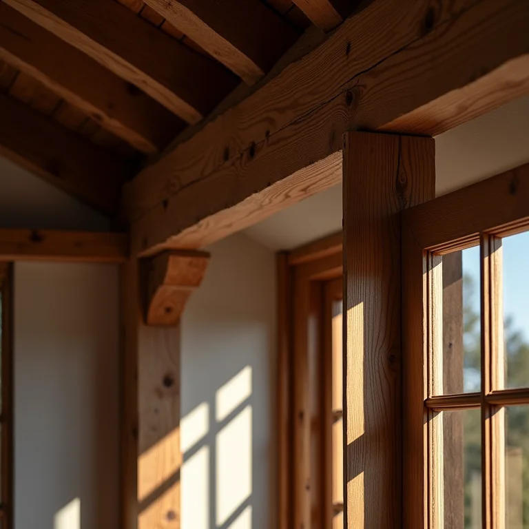 Detalhes da arquitetura enxaimel, com foco nas vigas de madeira e padrões intrincados.