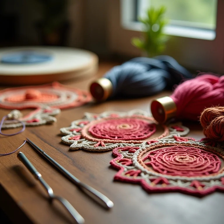 Detalhes de linhas de bordado e agulhas