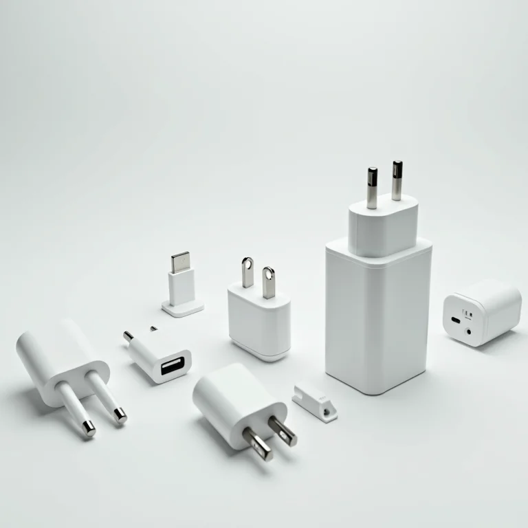 Diferentes tipos de carregadores e conectores de celular.