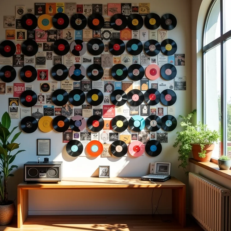 Discos de vinil formando mosaico criativo na parede