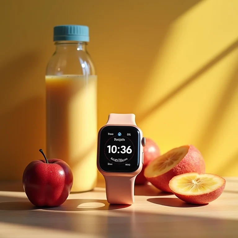 Dispositivo tecnológico, garrafa de água e frutas em uma mesa de madeira.