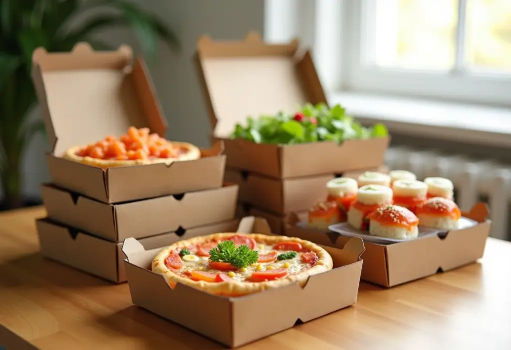 Diversas embalagens de delivery de restaurantes.