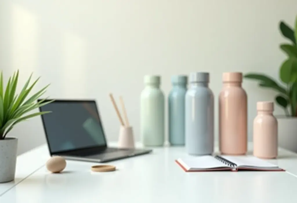 Diversas garrafas de água estilosas em uma mesa de escritório moderna