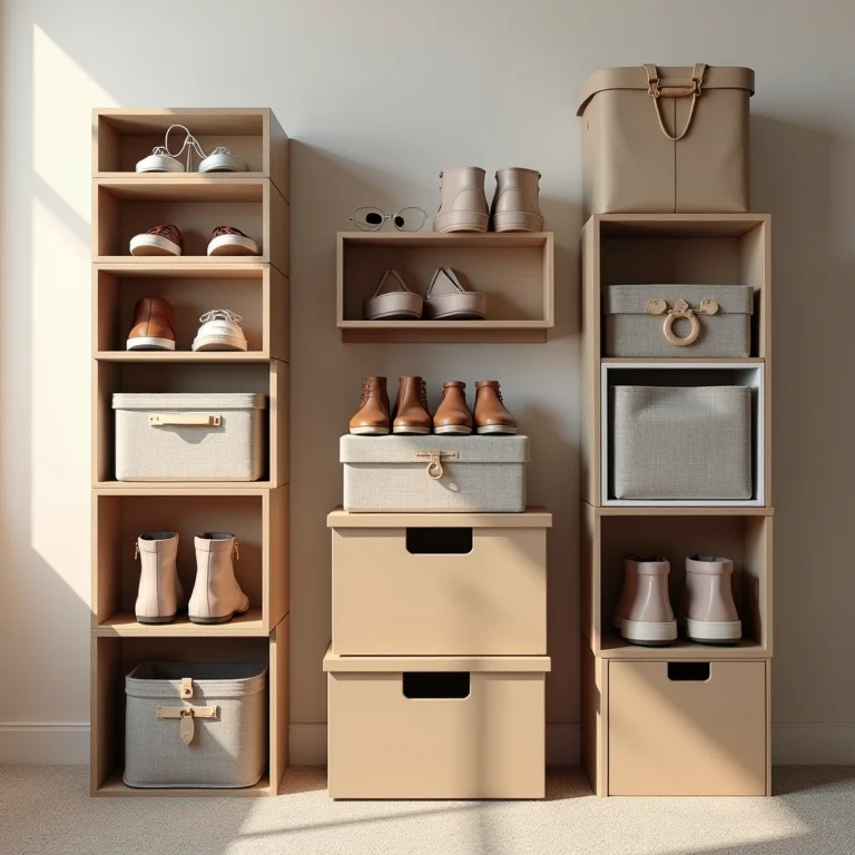 Diversas soluções de armazenamento para sapatos dispostas de forma organizada.