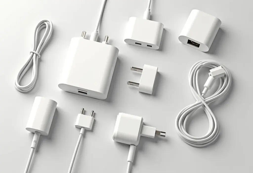 Diversos carregadores de celular e cabos organizados em um flat lay.