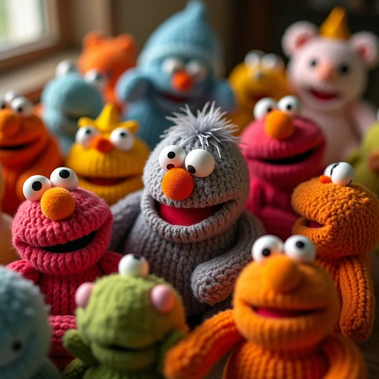 Diversos fantoches e materiais em close-up.