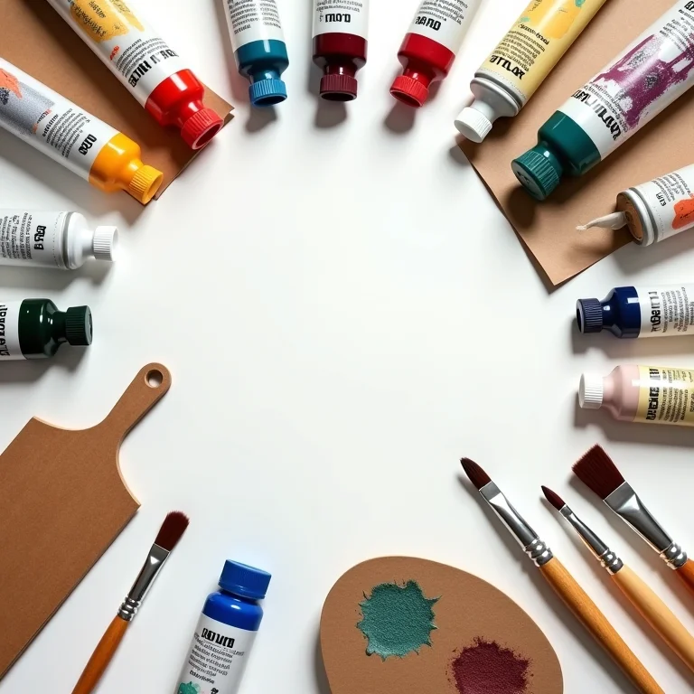 Diversos materiais de arte dispostos em uma composição flat lay.