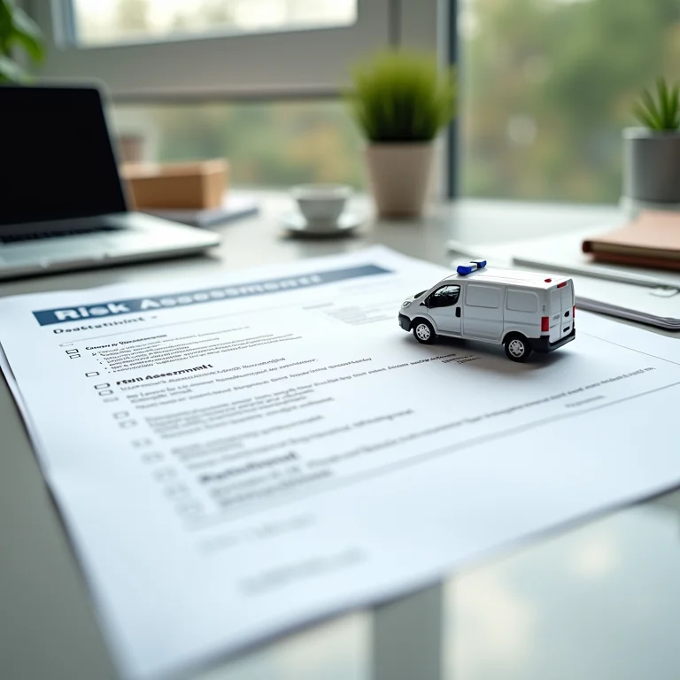 Documentos de avaliação de riscos e modelo de carro forte em uma mesa