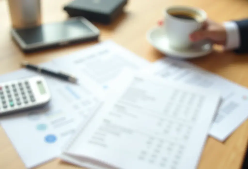 Documentos fiscais, calculadora e caneta sobre mesa de madeira