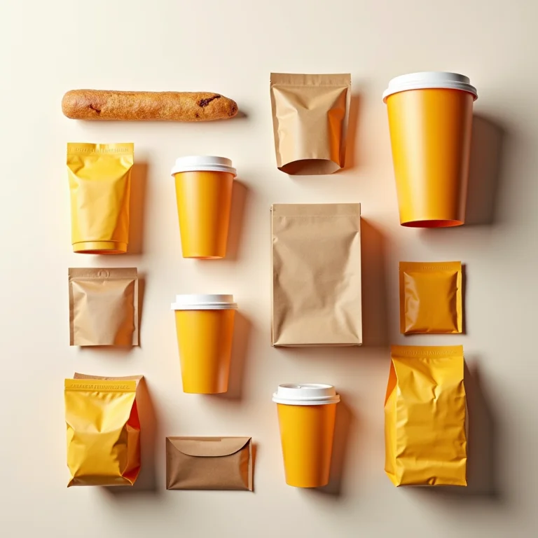 Embalagens de diferentes franquias de alimentação dispostas em um flat lay