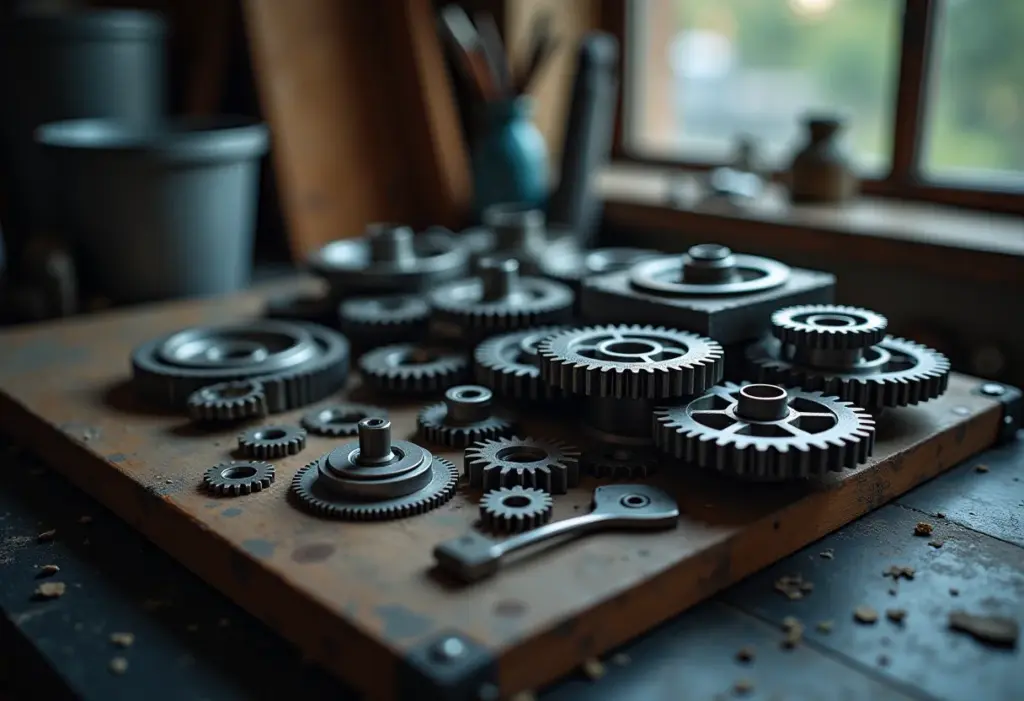 Engrenagens de metal dispostas em uma bancada, prontas para limpeza