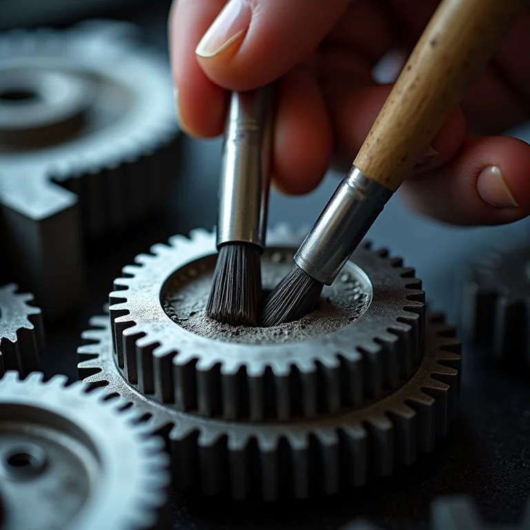 Engrenagens de metal sendo limpas passo a passo com escovas e solventes