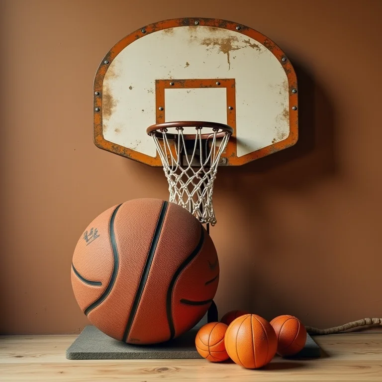 Equipamentos antigos de basquete em flat lay