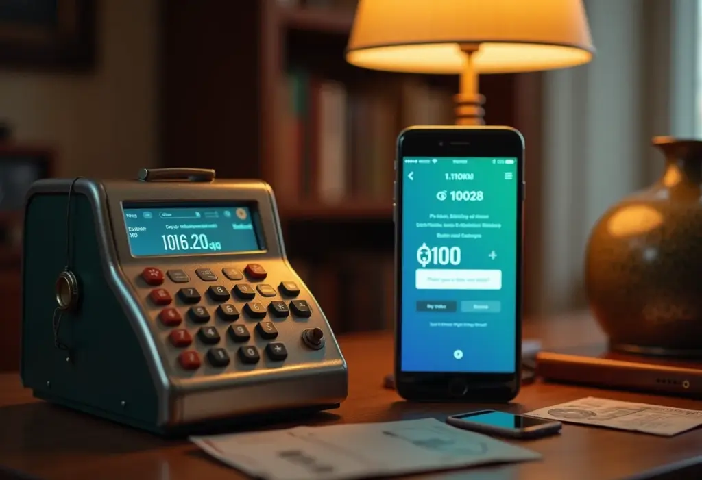 Equipamentos bancários antigos e modernos representando a evolução das transferências bancárias.