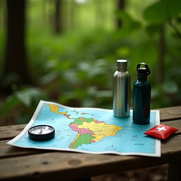 Equipamentos de camping organizados sobre mesa de madeira