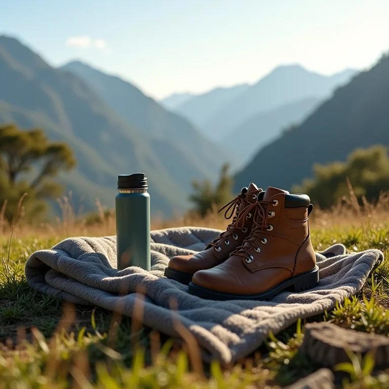Equipamentos de camping sobre grama com montanhas ao fundo
