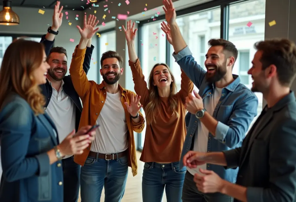 Equipe comemorando premiação e bonificação