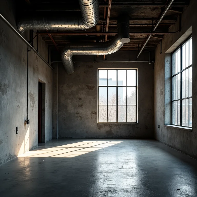 Escritório industrial moderno com dutos de metal expostos e superfícies duras