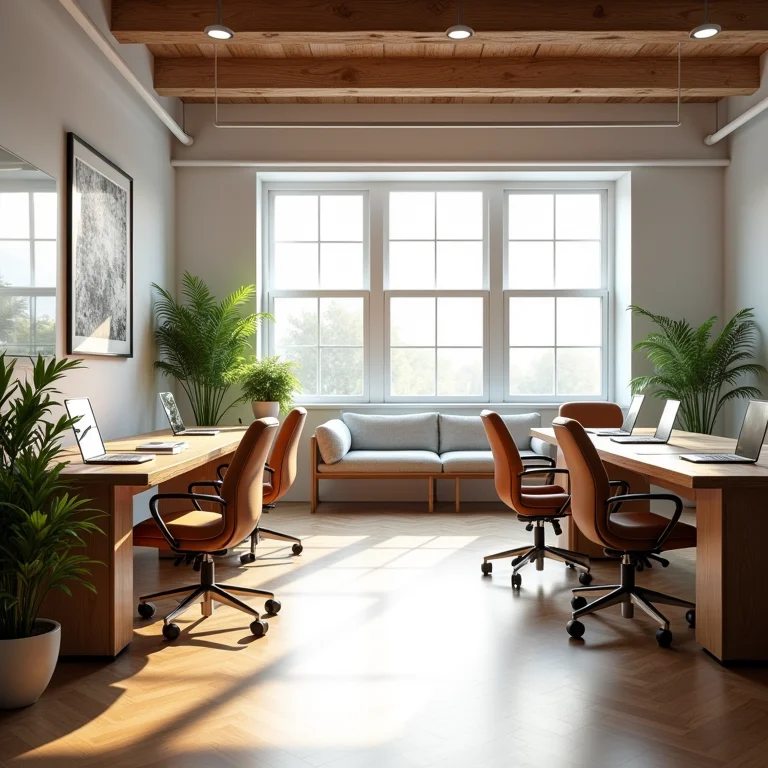 Espaço de coworking moderno e iluminado.