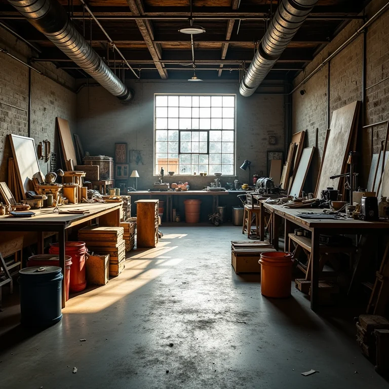 Espaço de trabalho industrial caótico com ferramentas e materiais espalhados