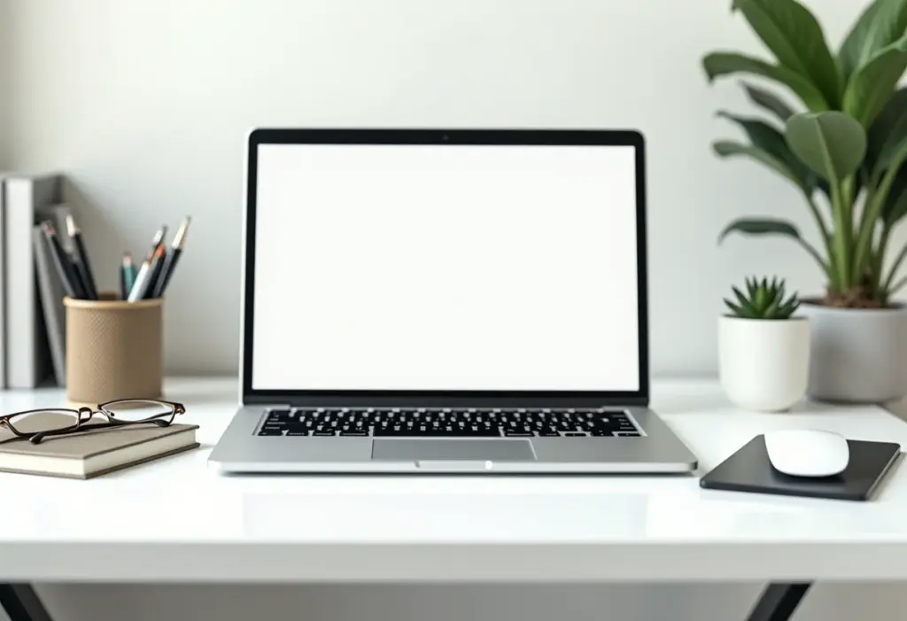 Espaço de trabalho minimalista com laptop mostrando interface de design