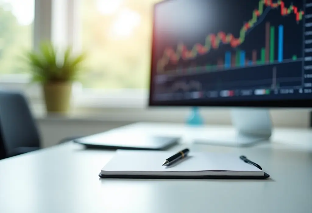 Espaço de trabalho moderno com materiais de estudo sobre finanças