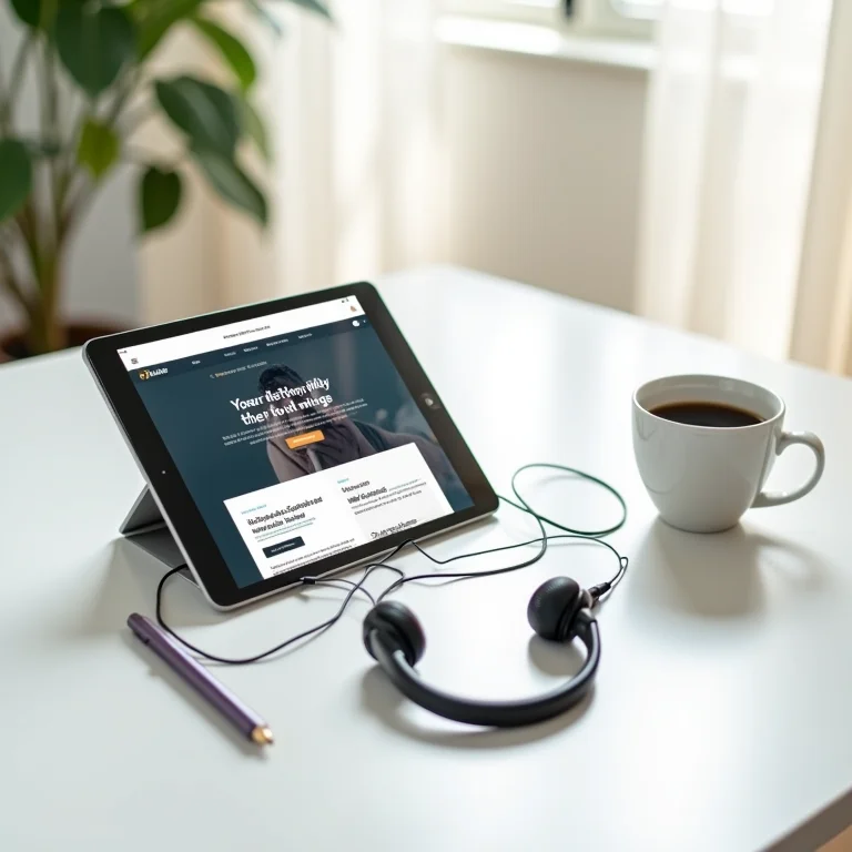 Espaço de trabalho organizado com tablet mostrando blog de tecnologia