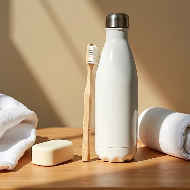 Essenciais de viagem sustentáveis dispostos em uma mesa de madeira.