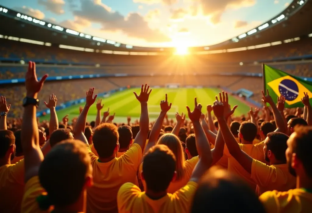 Estádio vibrante com torcedores diversos celebrando a Copa do Mundo