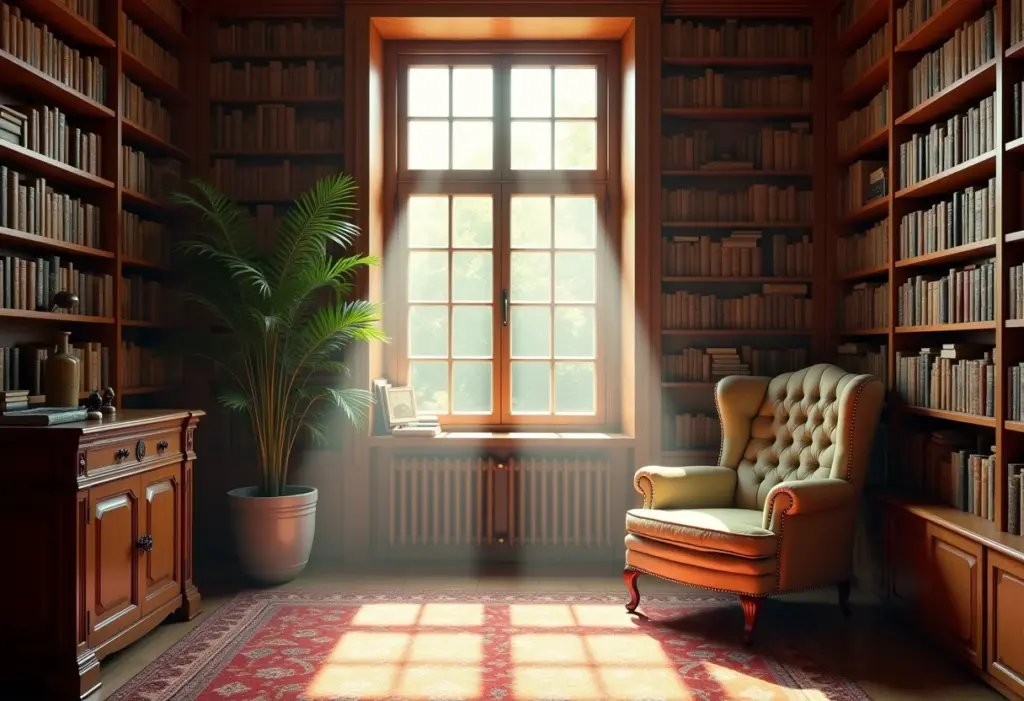 Estante de livros antiga e iluminada pelo sol com livros empoeirados.