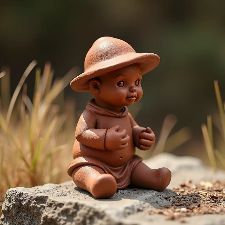 Estatueta de barro de Negrinho do Pastoreio sobre pedra com grama seca.