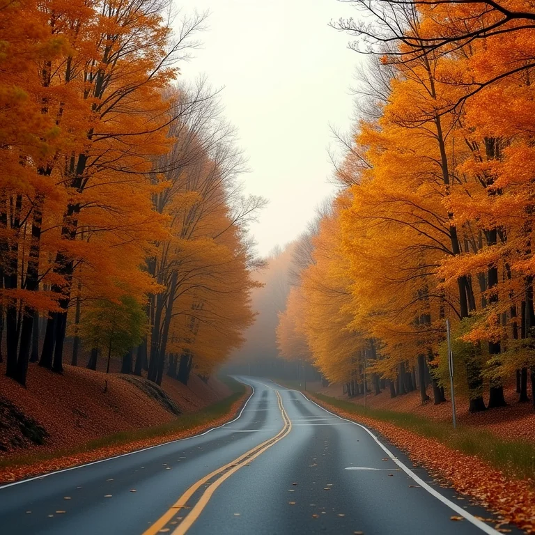 Estrada sinuosa em Campos do Jordão com folhagem de outono.
