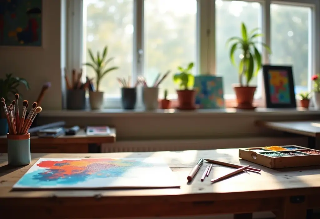 Estúdio de artista com tela abstrata e materiais de pintura.