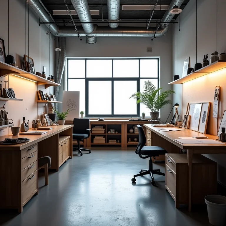 Estúdio de design industrial organizado com ferramentas e protótipos.