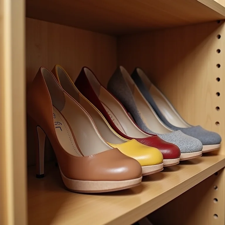 Exposição de sapatos em prateleiras abertas