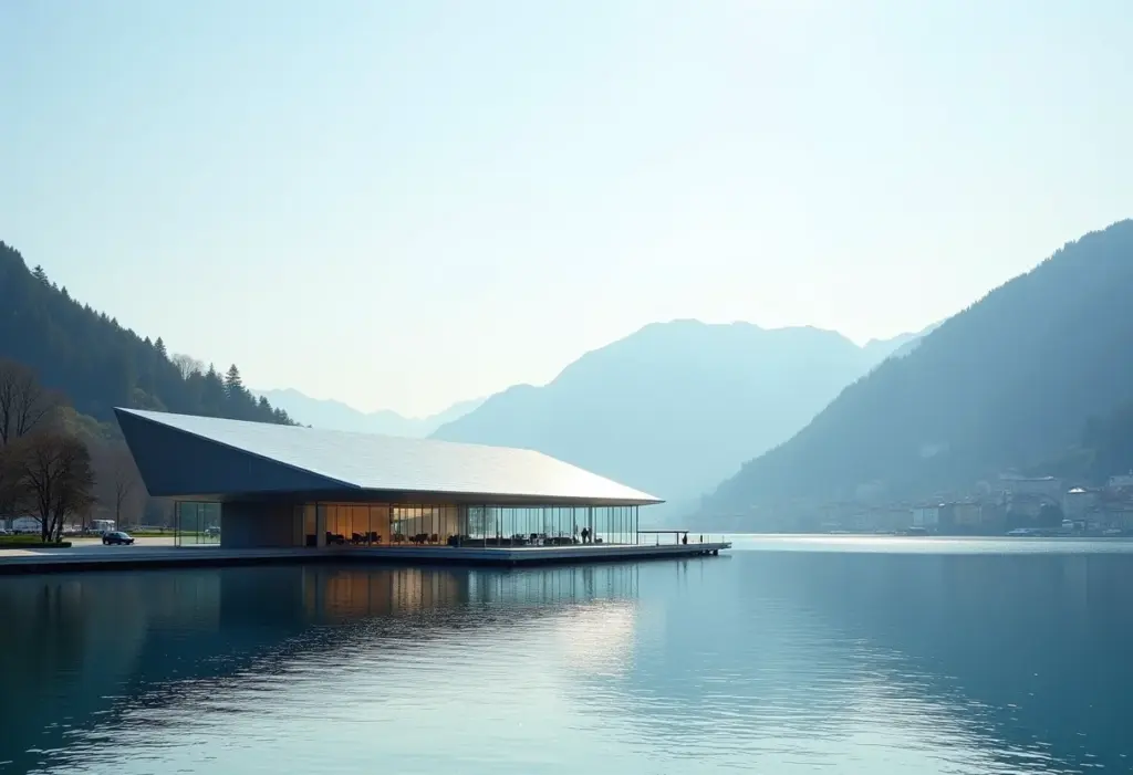 Fachada do Museu Olímpico em Lausanne com vista para o lago e os Alpes.