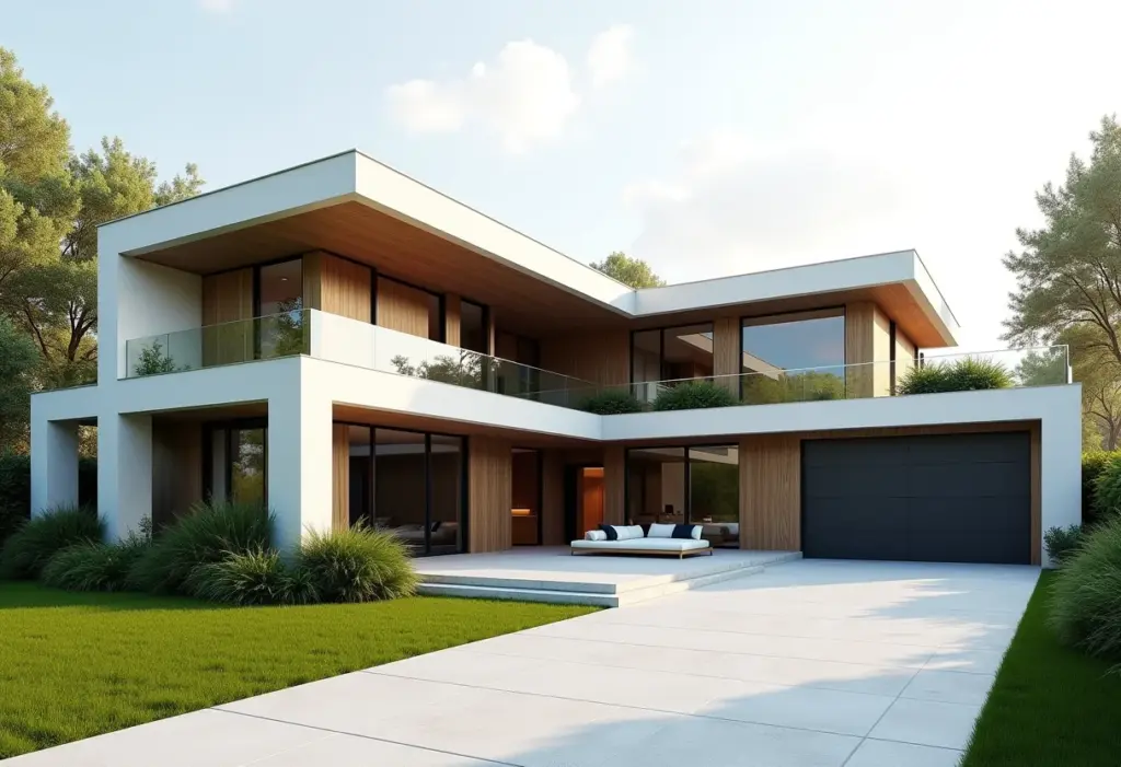 Fachada moderna de casa com arquitetura minimalista e paisagismo exuberante