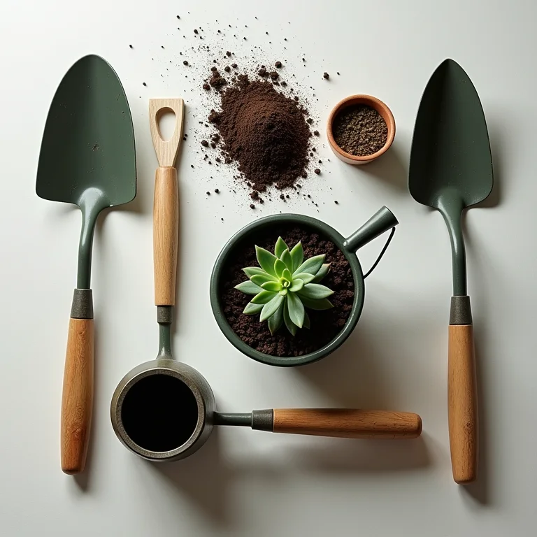 Ferramentas de jardinagem e suculenta em vaso dispostos em flat lay.