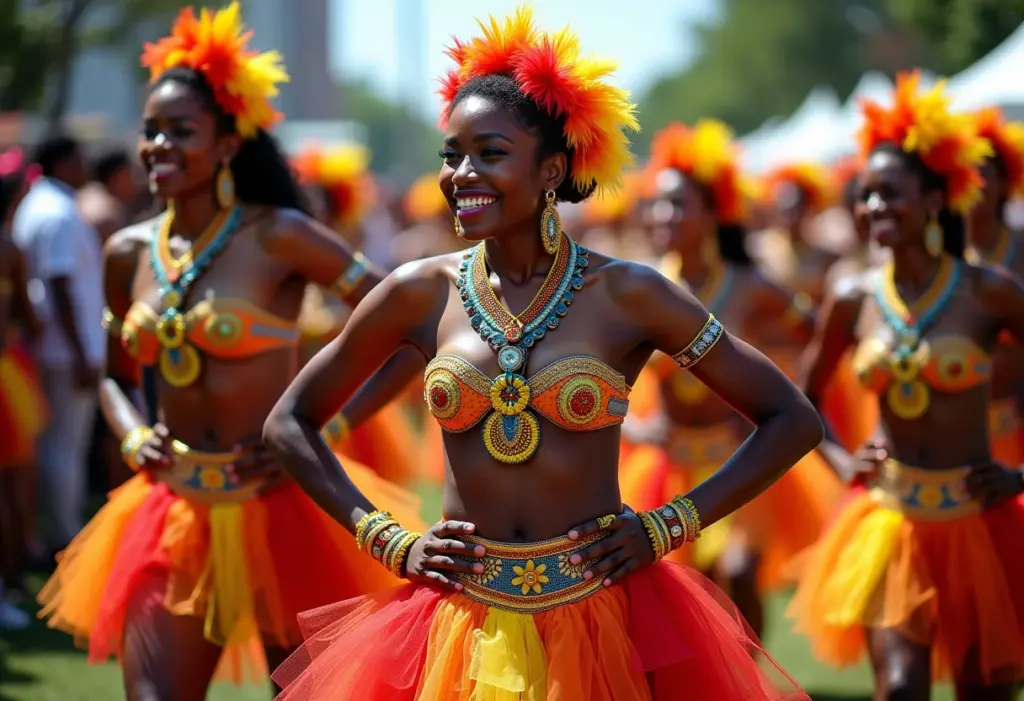 Festa de Bumba Meu Boi com dançarinos e público.