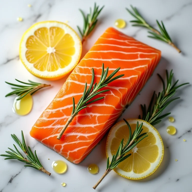 Filé de salmão fresco com alecrim, limão e azeite em uma superfície de mármore.