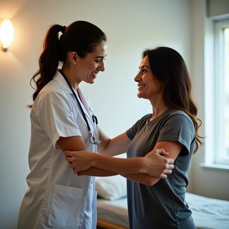 Fisioterapeuta auxiliando uma mulher latina em um exercício de reabilitação.